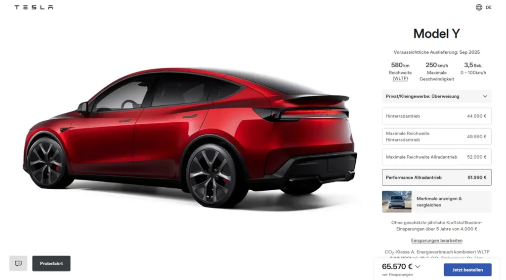 Wie sollte es ander sein, wir haben uns im Model Y-Konfigurator für Ultra-Red zu einem Aufpreis von 2.600 Euro entschieden