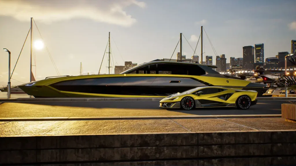 Hier steht das Hypercar Lamborghini Fenomeno vor der Yacht Tecnomar for Lamborghini 101FT