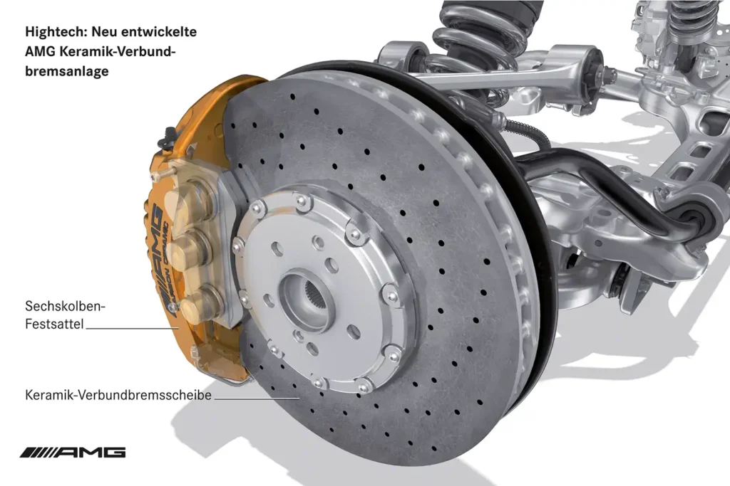 Eine Keramik-Verbundbremsanlage mit Keramikbremsscheibe, die so beim Mercedes-Benz SLS AMG zum Einsatz kommt