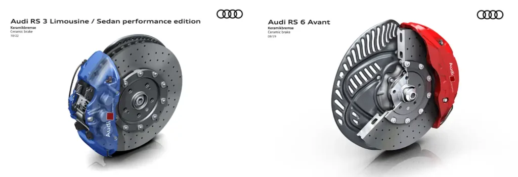 Keramikbremsen zweier RS-Modelle, links für den Audi RS 3, rechts die des Audi RS 6