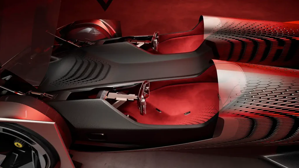 Im Interieur des digitalen Ferrari F76 gibt es zwei Cockpits, die mittels Drive-by-Wire Lenkimpulse elektronisch übertragen sollen