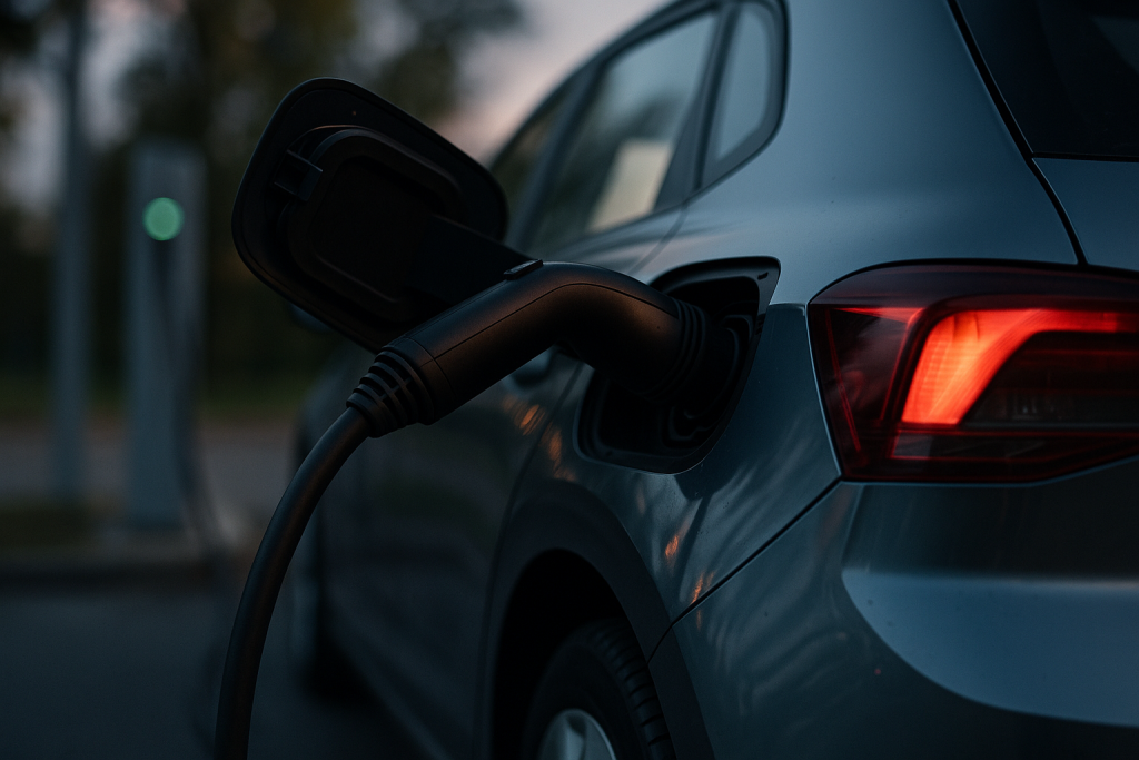 DC-Ladekabel steckt im Ladeanschluss eines kompakten Elektroautos am Abend