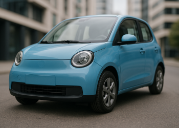 Kleiner blauer Elektro-Kleinstwagen in Frontansicht auf einer Stadtstraße