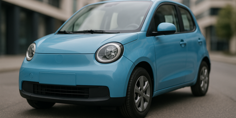 Kleiner blauer Elektro-Kleinstwagen in Frontansicht auf einer Stadtstraße