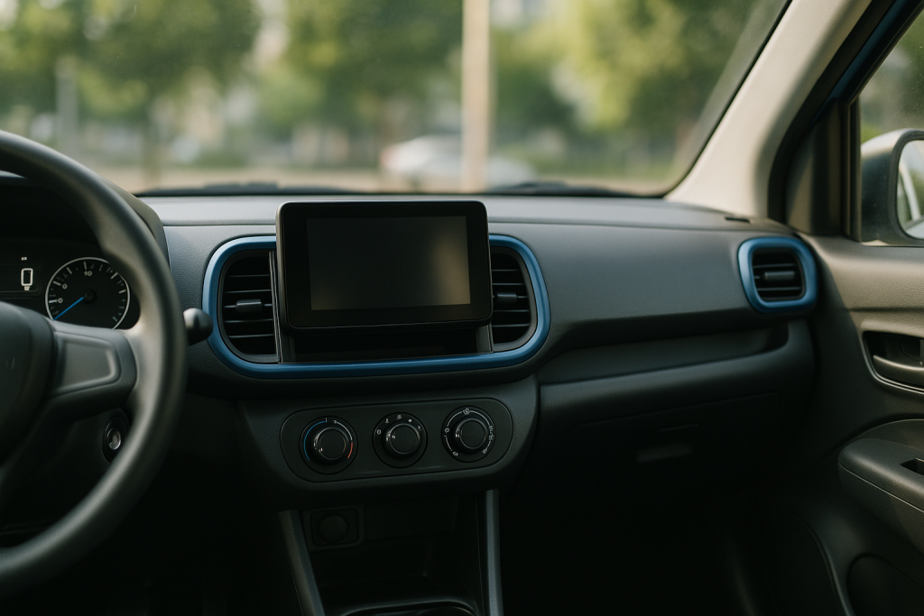 Armaturenbrett mit digitalem Cockpit, Touchscreen und drei Drehreglern für die Klimaanlage