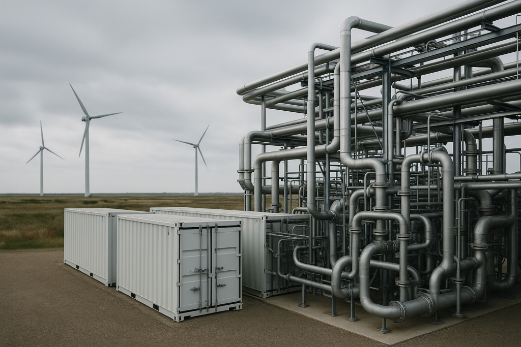 Anlage zur Kraftstoffsynthese mit Rohrleitungen und Windrädern im Hintergrund