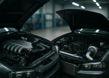 Großvolumiger V8 und aufgeladener Vierzylinder im Vergleich in einer Werkstatt