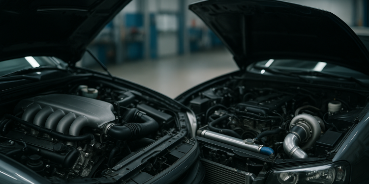 Großvolumiger V8 und aufgeladener Vierzylinder im Vergleich in einer Werkstatt