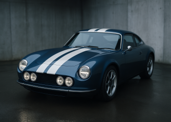 Blaues Retro-Coupé mit weißen Streifen und sechs Rundscheinwerfern in einer Betonhalle