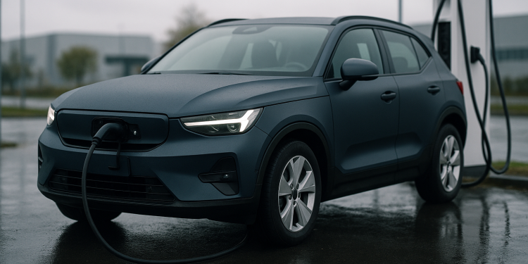 Kompaktes Elektro-SUV an einer Schnellladesäule bei diffusem Tageslicht