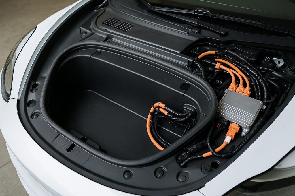 Blick unter die Fronthaube eines Elektroautos mit Steuergerät und Kabelbaum