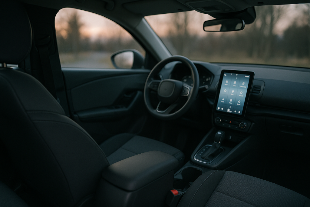 Innenraum eines Elektro-SUV aus Sicht der Rückbank mit Touchscreen und Türverkleidung