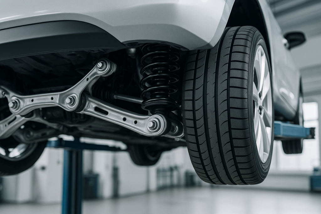 Mehrlenker-Hinterachse und breiter Reifen eines Elektro-Kompaktwagens auf der Hebebühne