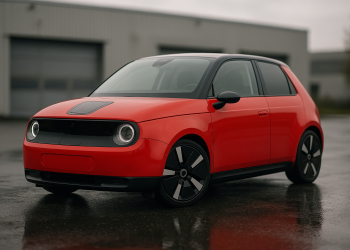 Kompakter Elektro-Hot-Hatch in Rot mit schwarzen Anbauteilen und 20-Zoll-Felgen