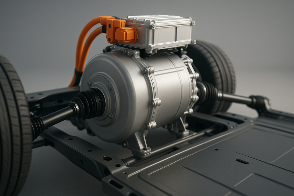 Elektrischer Heckantrieb mit Inverter und Antriebswellen auf einer Batterieplattform
