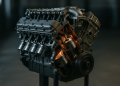 Schnittmodell eines V8-Motors mit sichtbaren Kolben und Ventilen