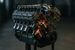 Schnittmodell eines V8-Motors mit sichtbaren Kolben und Ventilen