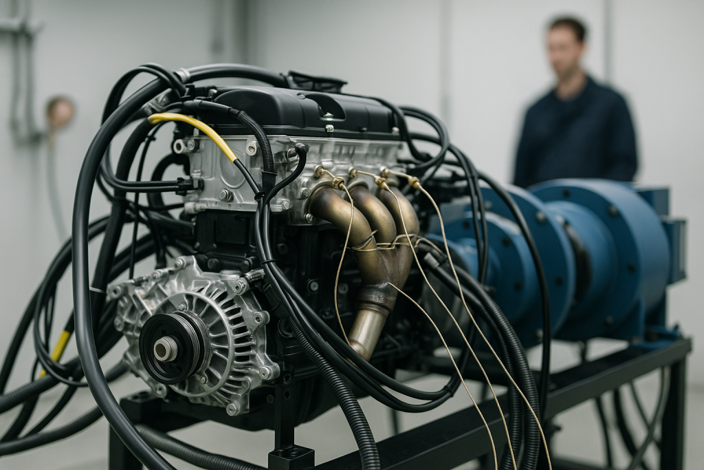 Motor auf einem Prüfstand mit Messtechnik am Abgaskrümmer