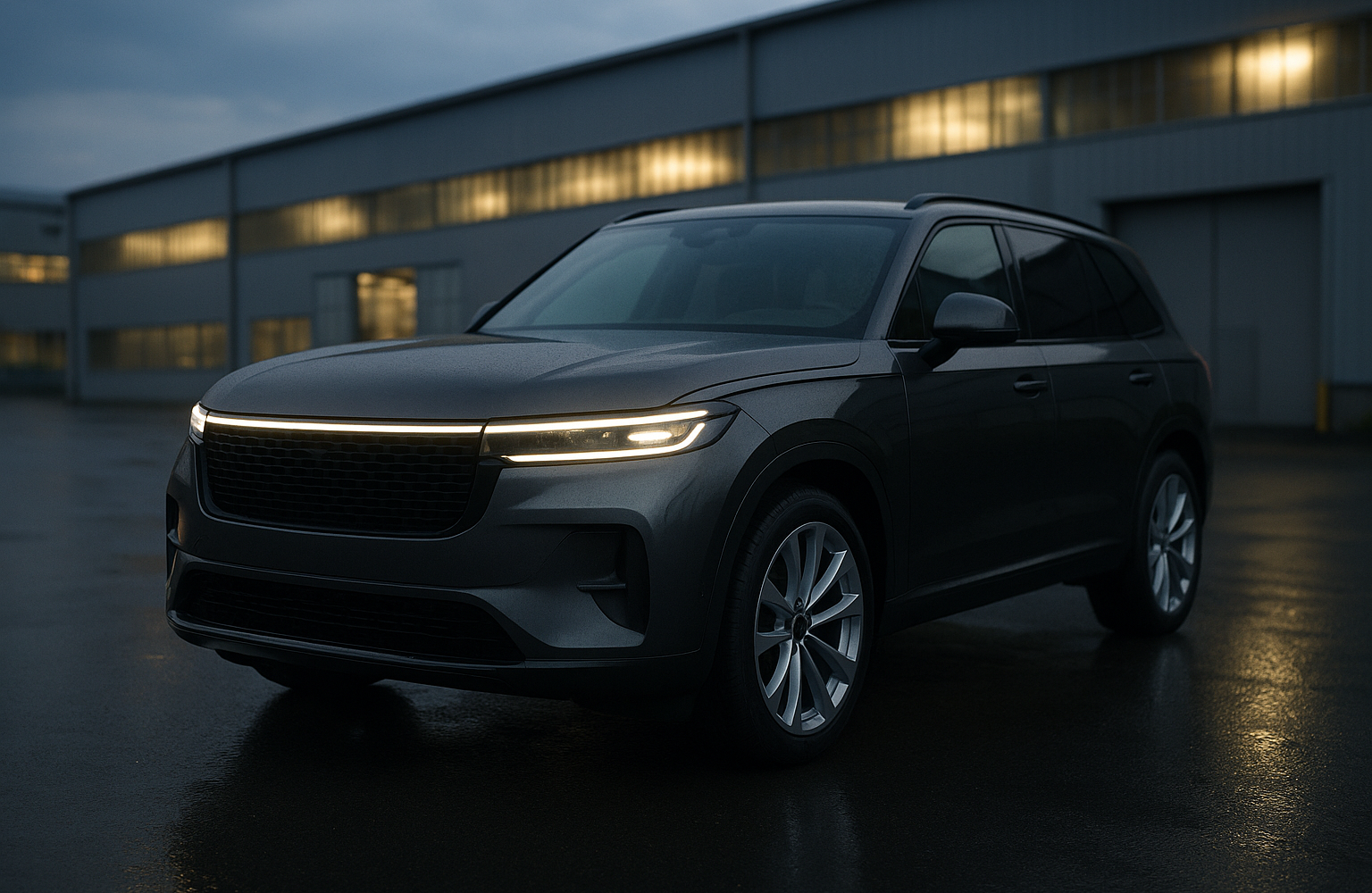 Grosses modernes Luxus-SUV in Dreiviertelansicht vor einer Werkshalle in der Daemmerung