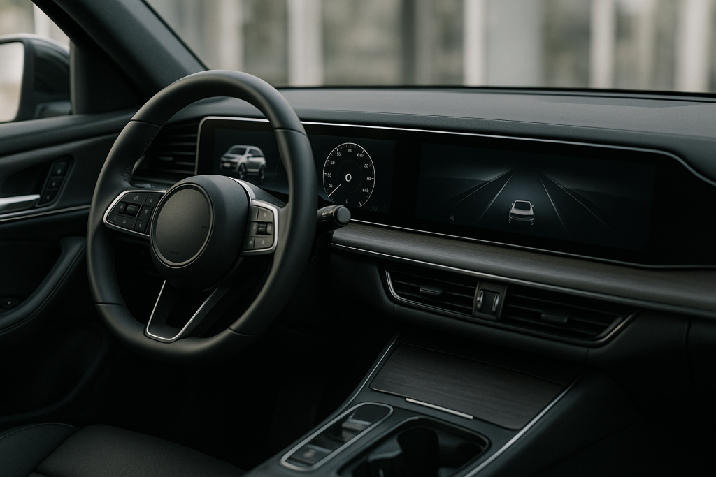 Cockpit eines Premium-SUV mit durchgehendem Displayband am unteren Rand der Windschutzscheibe