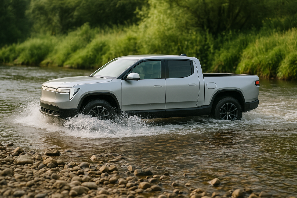 Pickup durchquert eine flache Furt, Wasser spritzt bis zu den Türschwellern