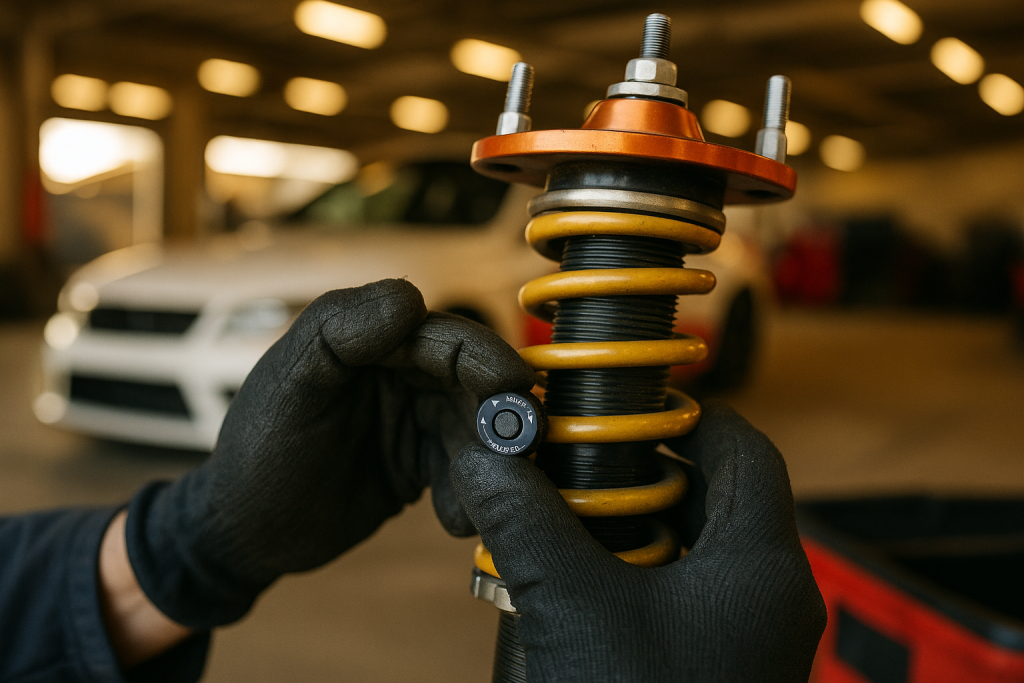 Hände stellen an einem Gewindefahrwerk die Zugstufe am Dämpfer ein