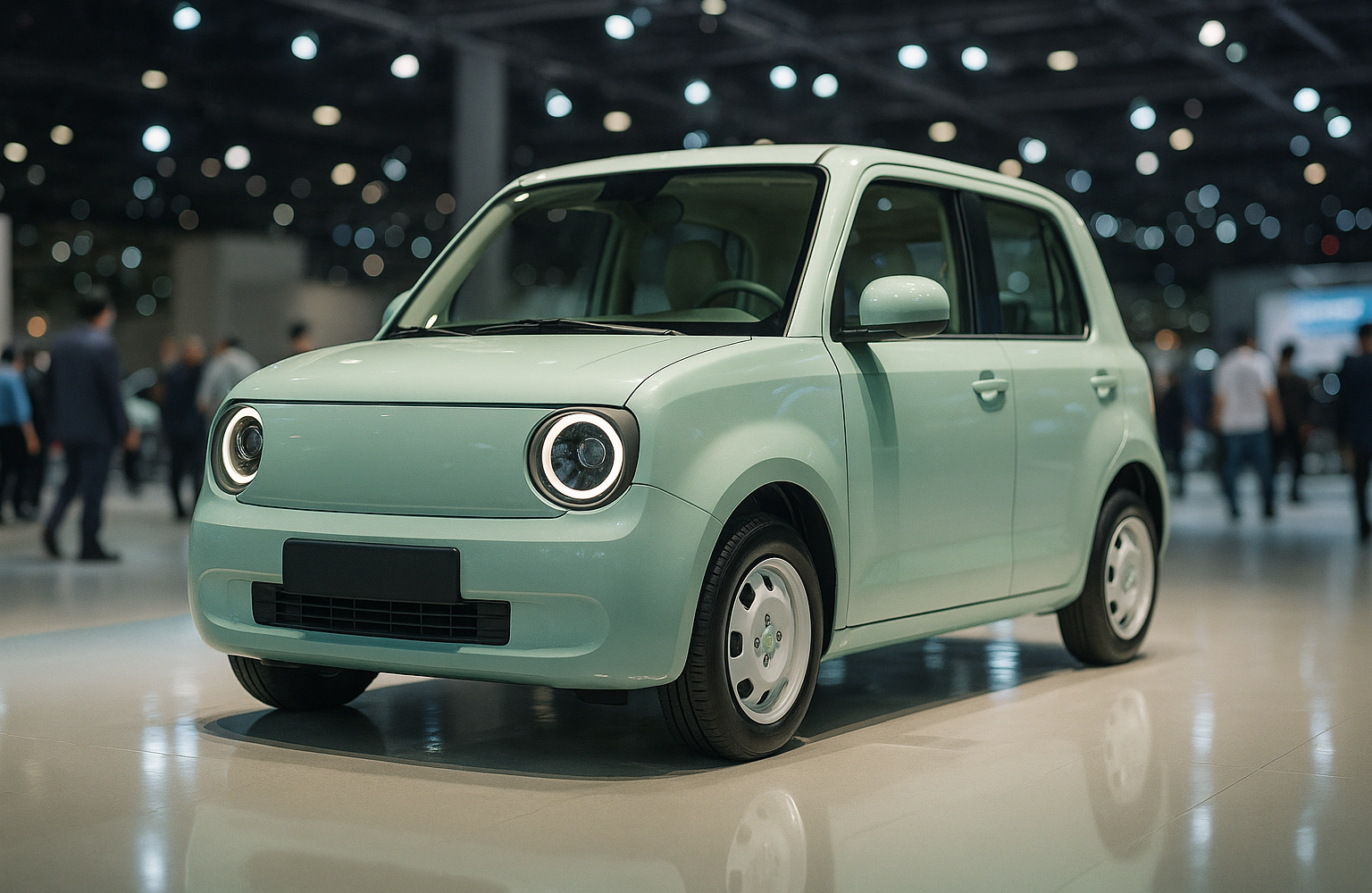 Kompaktes Retro-Elektroauto in Pastellfarbe auf einem Messestand