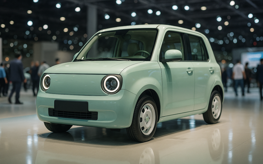 Kompaktes Retro-Elektroauto in Pastellfarbe auf einem Messestand