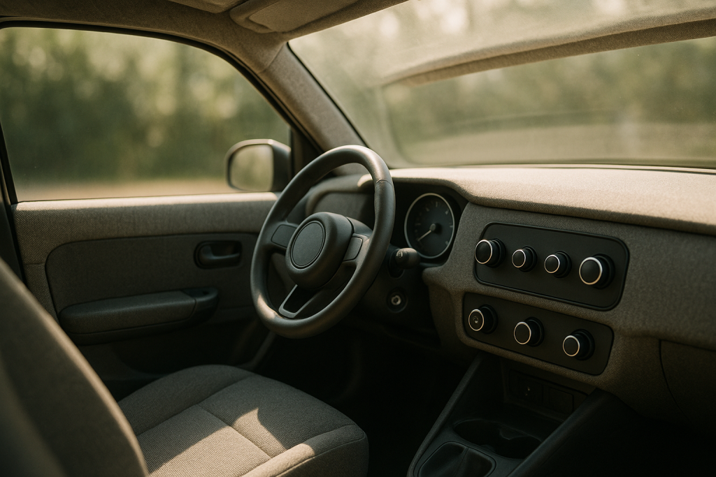 Schlichtes Armaturenbrett mit echten Drehreglern und Tasten in einem Retro-Kleinwagen