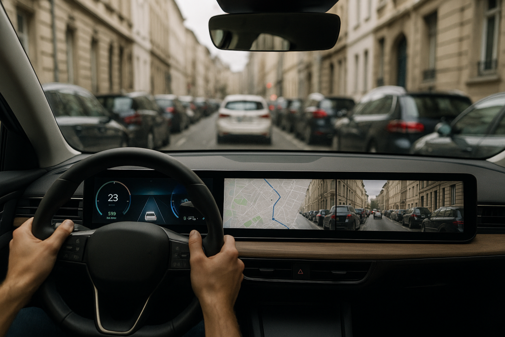 Blick aus dem Fahrersitz eines Elektroautos im dichten Stadtverkehr