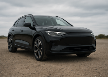 Elektrisches Luxus-SUV in Dreiviertelansicht von vorn auf einem Testgelände