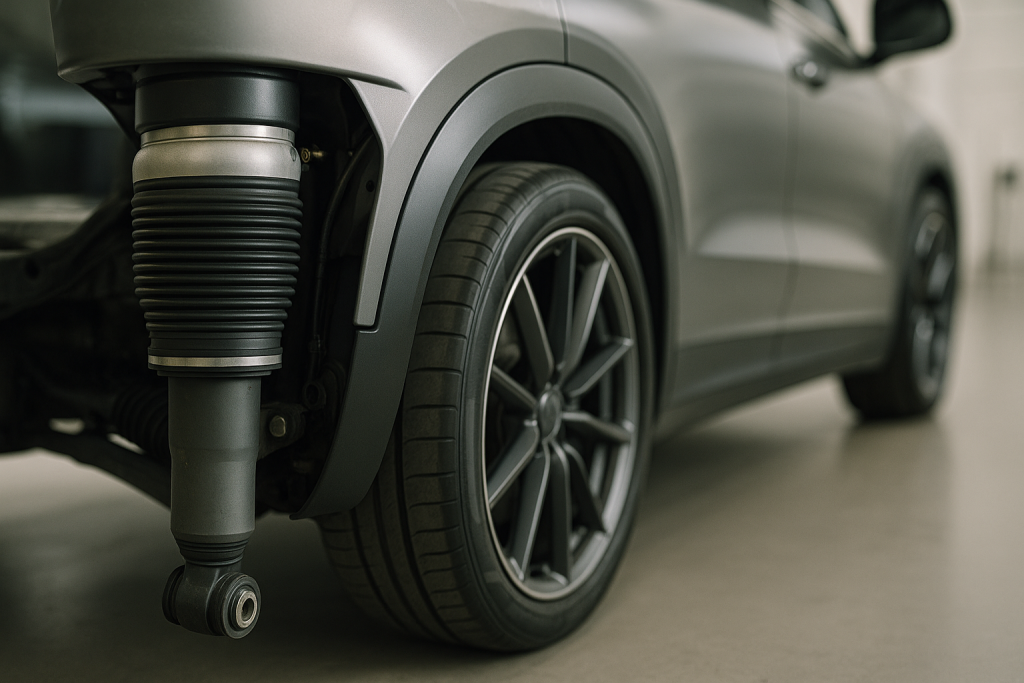 Detailansicht eines Luftfederbeins an der Hinterachse eines großen Elektro-SUV