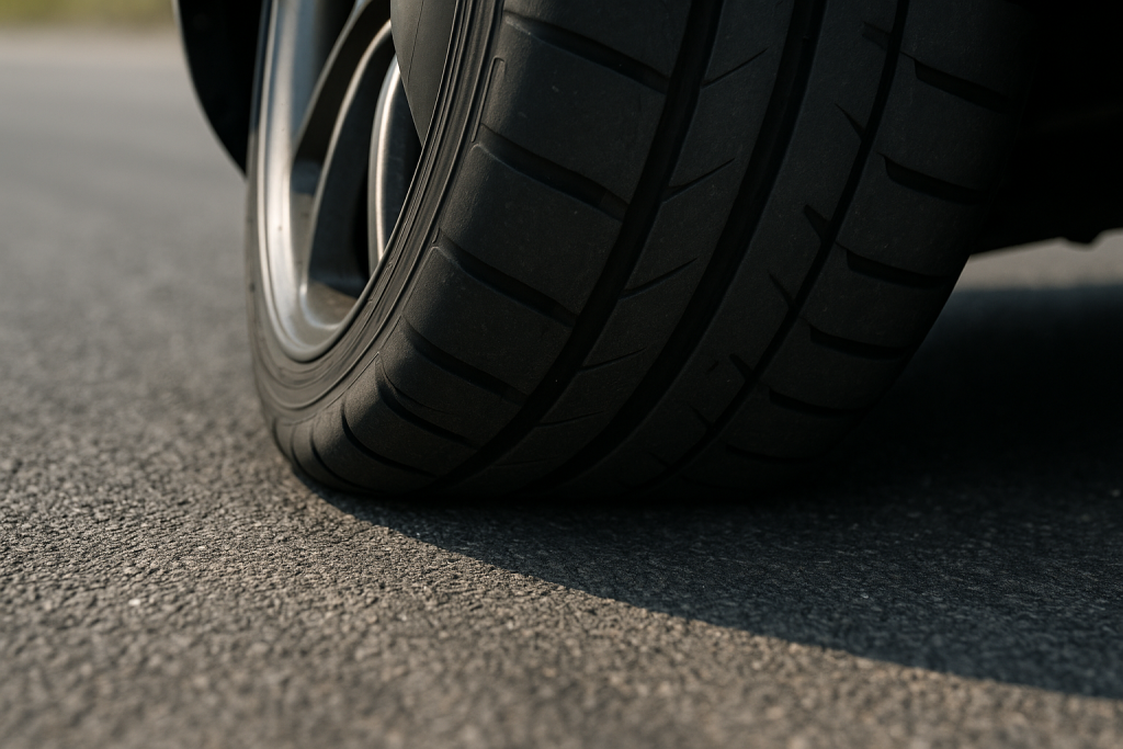 Verformter Sportreifen unter Querlast mit sichtbar gestauchter Außenschulter auf trockenem Asphalt