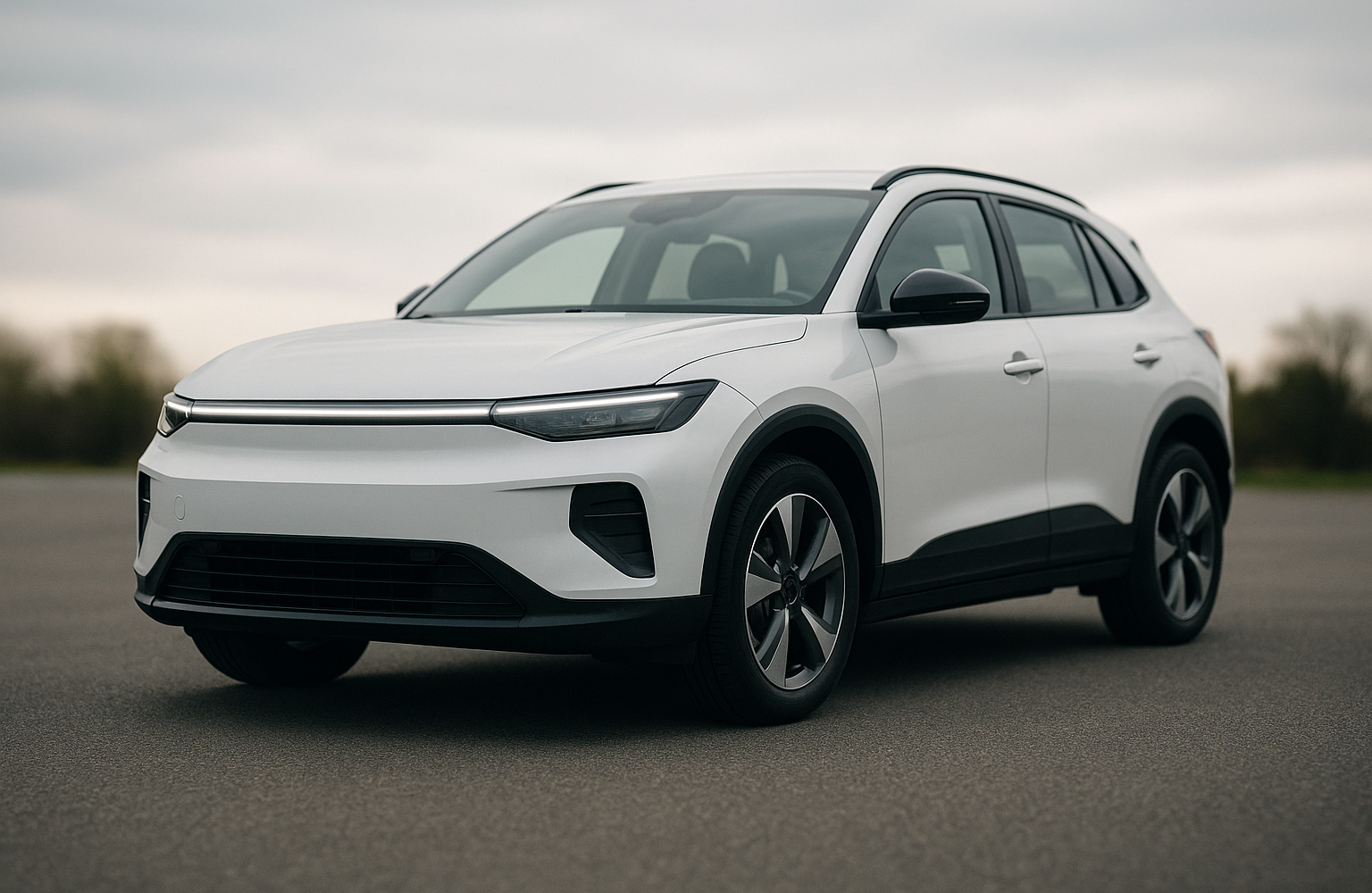 Weißes Elektro-SUV in Dreiviertelansicht mit geschlossener Front und durchgehendem Leuchtenband