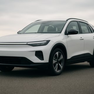 Weißes Elektro-SUV in Dreiviertelansicht mit geschlossener Front und durchgehendem Leuchtenband