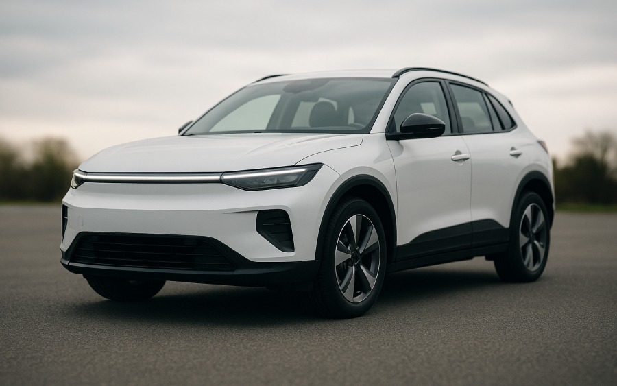 Weißes Elektro-SUV in Dreiviertelansicht mit geschlossener Front und durchgehendem Leuchtenband