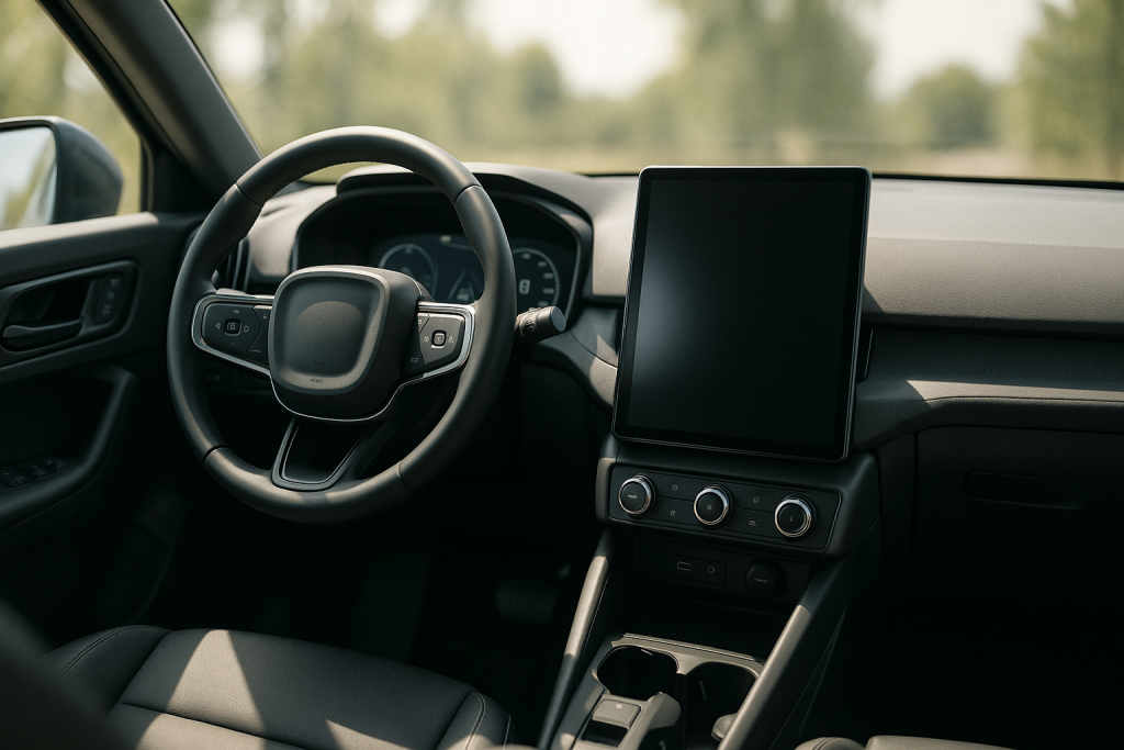 Cockpit mit großem Zentraldisplay und darunterliegender Tastenleiste für Klima und Lautstärke