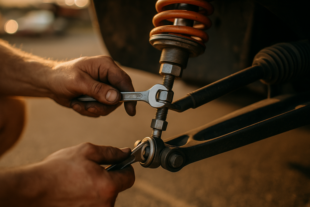Mechaniker verstellt die Pendelstütze eines verstellbaren Stabilisators am Fahrwerk